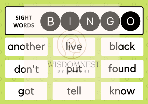 sight words bingo game sample