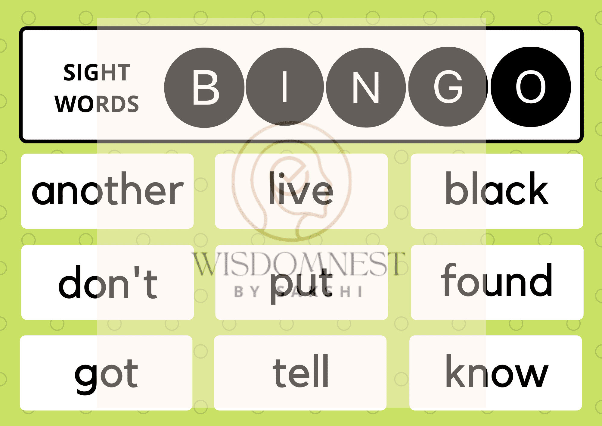 Sight Words Bingo game